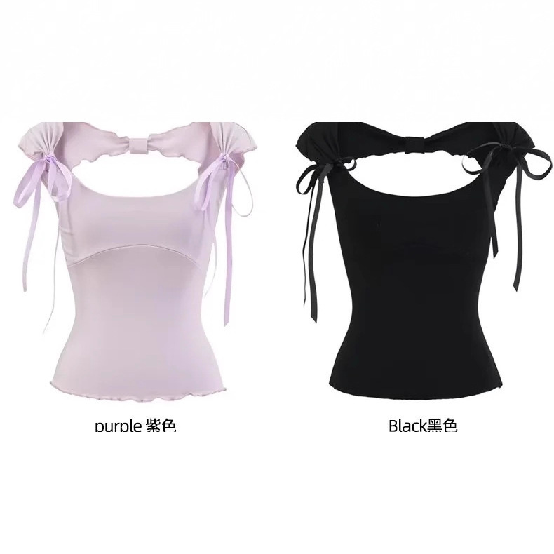 Korean Style Niche Bowknot Puff Shoulder-Exposing Short-Sleeve T-Shirt for Women, New Summer Slim-Fit Lace-Up Short Top