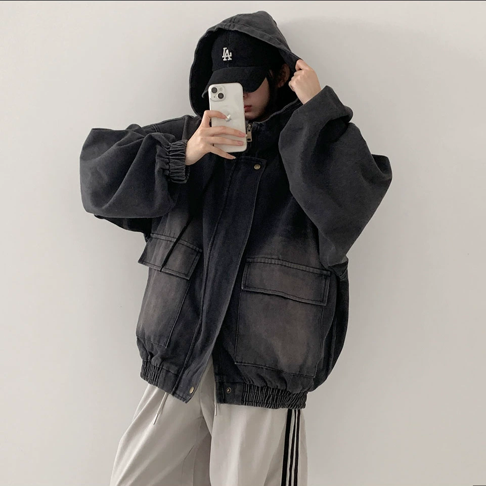 Южнокорейская весна и осень Dongdaemun, самая популярная джинсовая куртка в корейском стиле с карманами и капюшоном, потертая и потертая джинсовая куртка