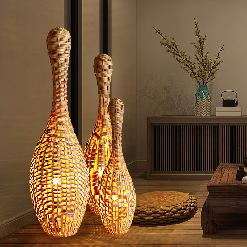 Japanese-style rattan floor lamp living room sofa bedroom B & B led vertical lamp Ikea study gourd lamp