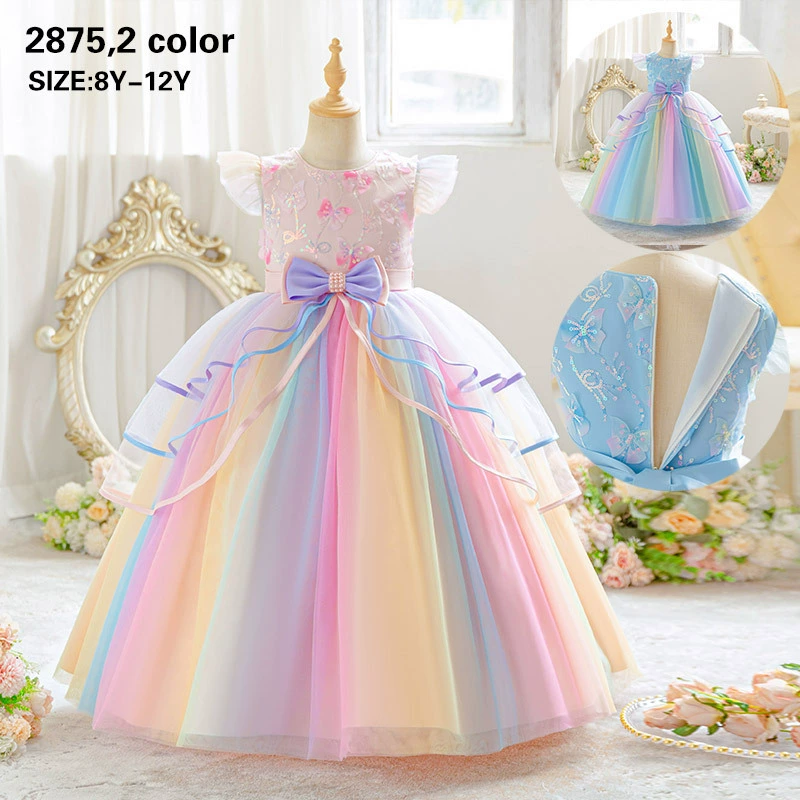 Детское платье для девочек в стиле европейской и американской моды, цветное сетчатое градиентное платье-пачка, длинное платье принцессы с маленькими летящими рукавами, в наличии.