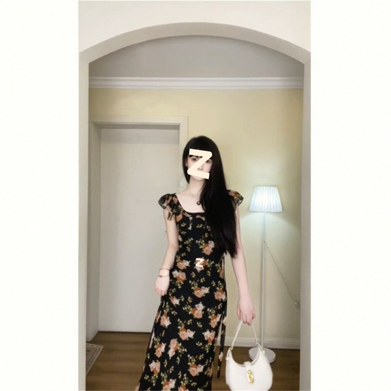 夏フレンチフレッシュスリムフィットドレス婦人服2025新しい気質海辺休暇花柄ロングスカート|undefined