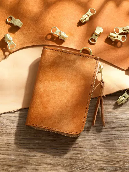 Handmade Vegetable-Tanned First-Layer Cowhide Men's Wallet Genuine Leather Short Zipper Wallet Horizontal Wallet Driver's License Card Holder
