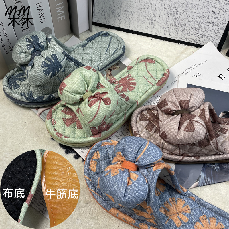 新款纯棉布艺加厚三层防噪音静音女软底防滑家居室内地板拖鞋四季