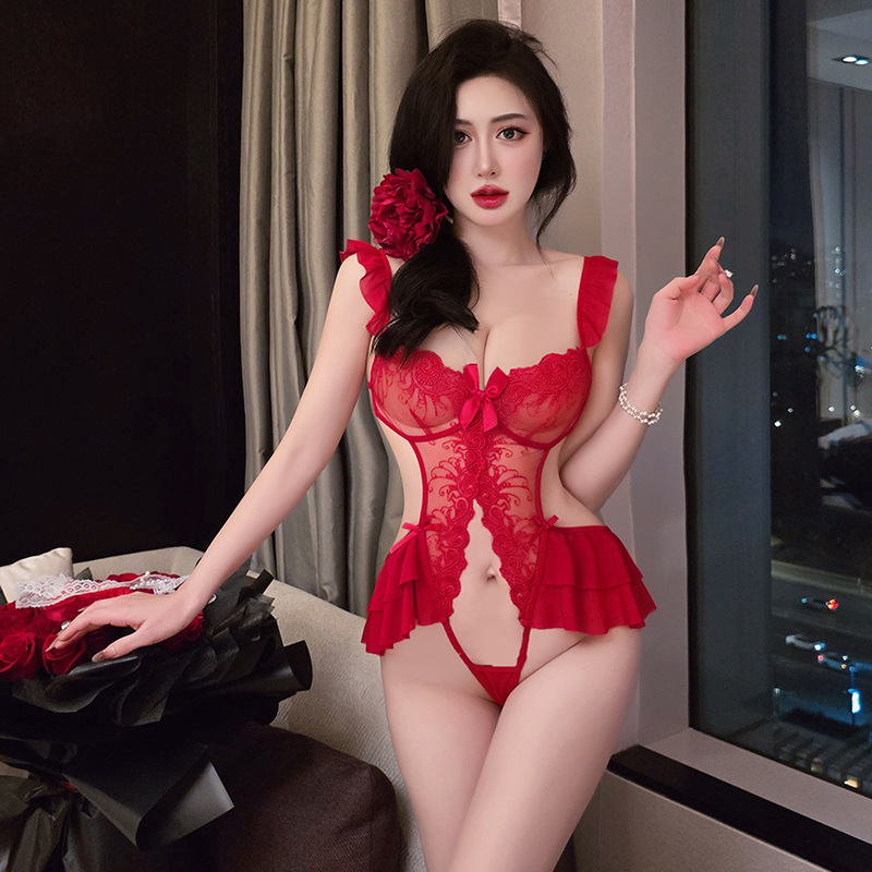 Larga noche lencería sexy sexy encaje bordado mono mujer pijama hueco abierto tentación caliente 2039