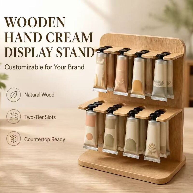 Wooden display stands are perfect for retail and home use, ideal for displaying hand cream, wooden cosmetics, and small tube products Wooden display stands are perfect for retail and home use, ideal for displaying hand cream, wooden cosmetics, and small tube products