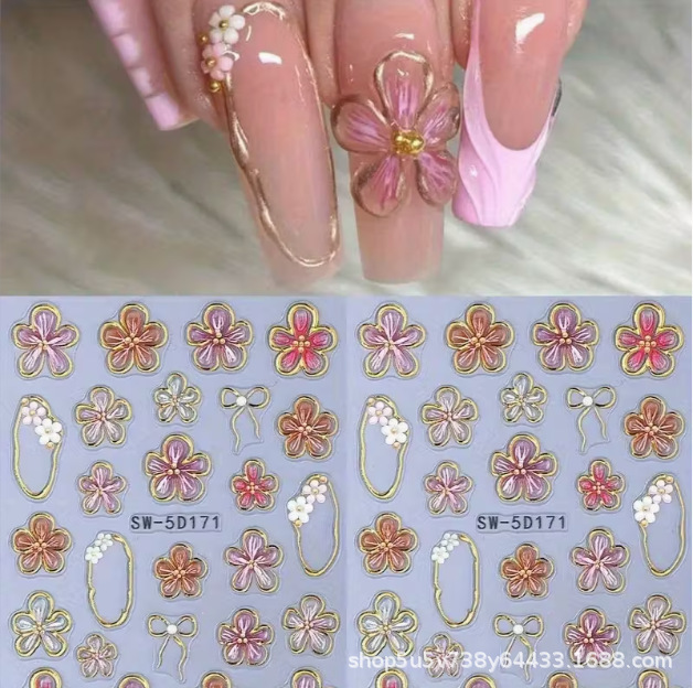 Cross-Border Hot Selling Stereo Flower Self-Adhesive Nail Art Decals Ready for Sale Wholesale Nail Sticker Manufacturer Sw-5D171