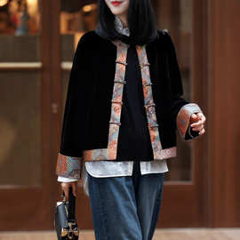 蚕丝活性染丝绒拼接重工艺八达运织锦缎面料纯手工一字盘扣外套