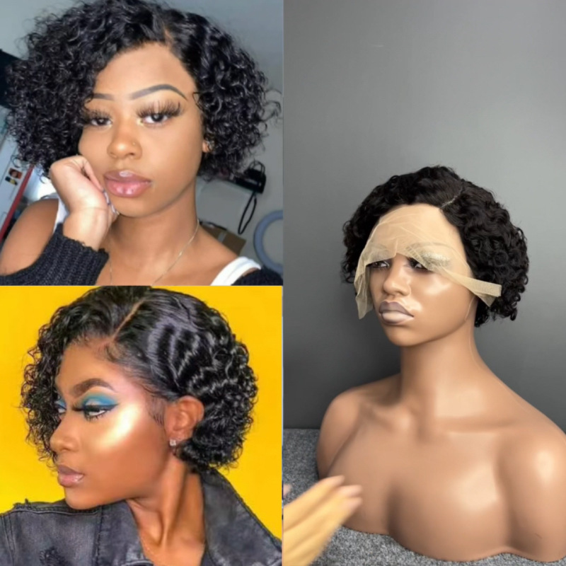 Real Human Hair 13X1 Lace Side-Parted Pixie Short Curly Wig for Export, Real Human Hair Pixie Wigs
