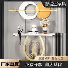 轻奢岩板金属入户玄关桌简约案台靠墙条案玄关新中式半圆端景台