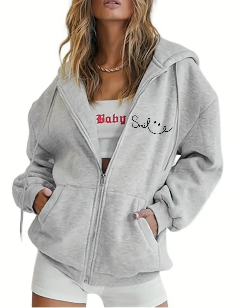 Women's Smiley Face Print Hooded Jacket Long Sleeve Fleece Lined Zip Up Street Style Loose Top_ecoleips.com