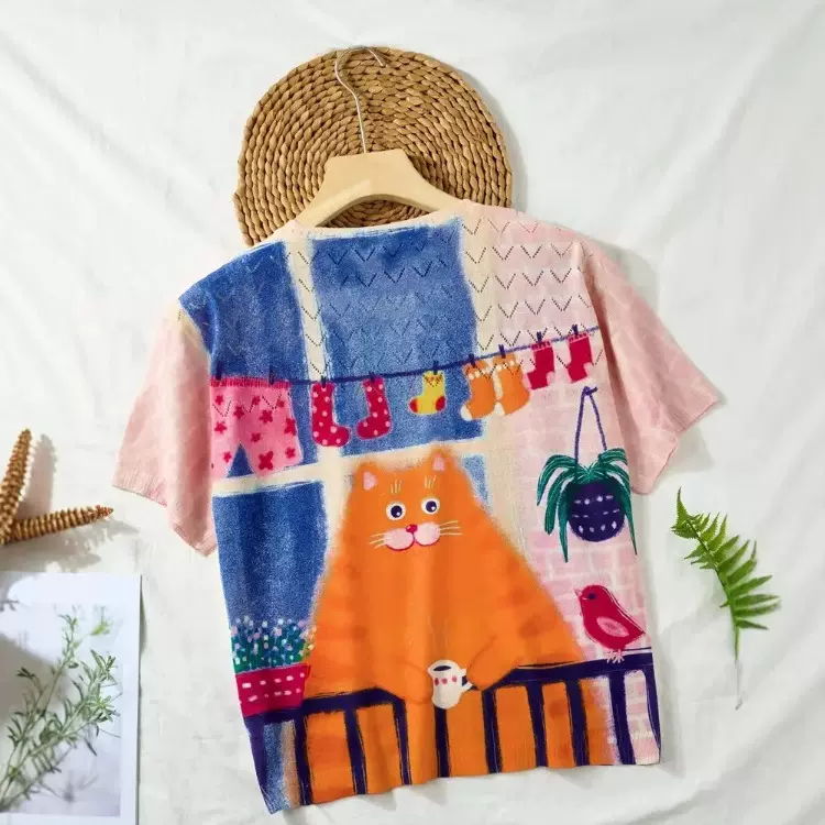 春夏薄款针织衫数码印花班服短袖派对小猫上衣亚马逊定制3D印花