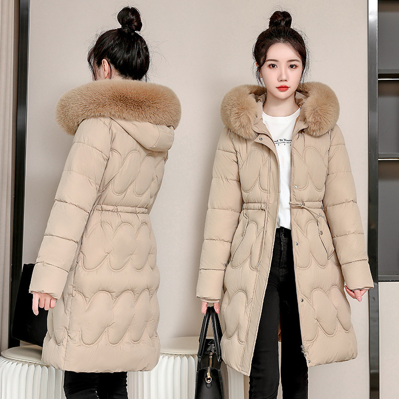 Comercio exterior 2025 nuevo algodón de invierno para mujeres largo delgado con capuzas cuello de lana de gran tamaño chaqueta de algodón chaqueta de mujer