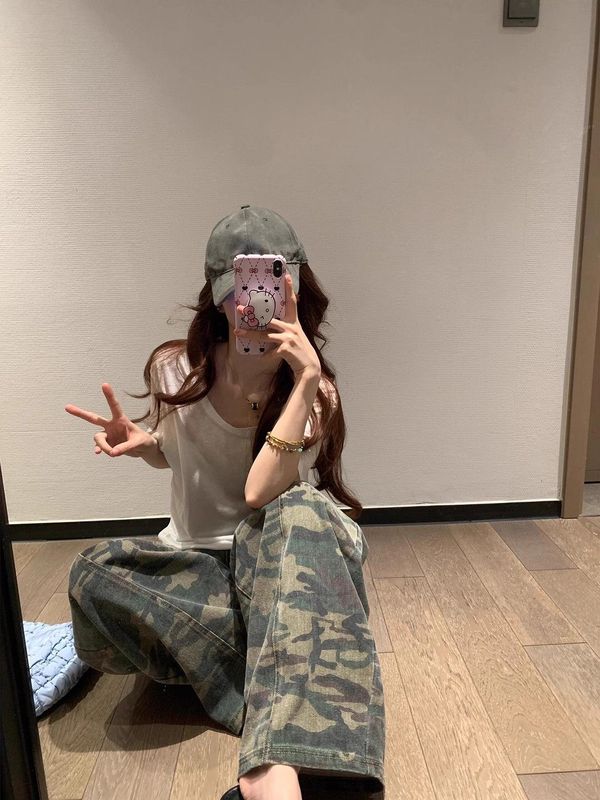 大码美式复古迷彩阔腿牛仔裤女街头辣妹宽松垂感廓形拖地弯刀长裤|undefined