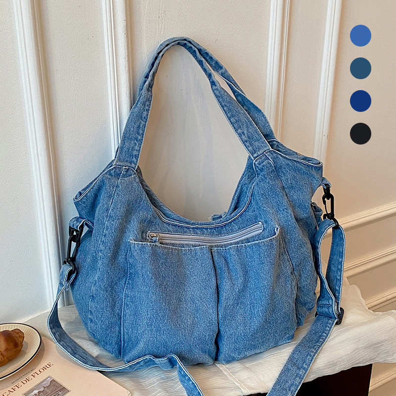 Solid color canvas bag, large capacity, simple, casual, fashionable shoulder and crossbody bag, versatile for commuting, denim tote bag