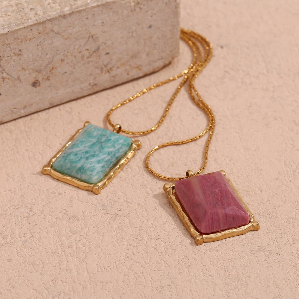 Rectangular Natural Stone Stainless Steel Pendant Necklace