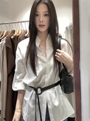 白色气质感长袖衬衫女秋季2025新款宽松小众别致法式腰带上衣百搭