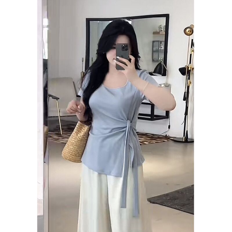 外国貿易卸売夏の半袖新しいウエスト Tシャツスリムスクエアカラーデザインニッチ不規則なトップ Tシャツ女性用|undefined
