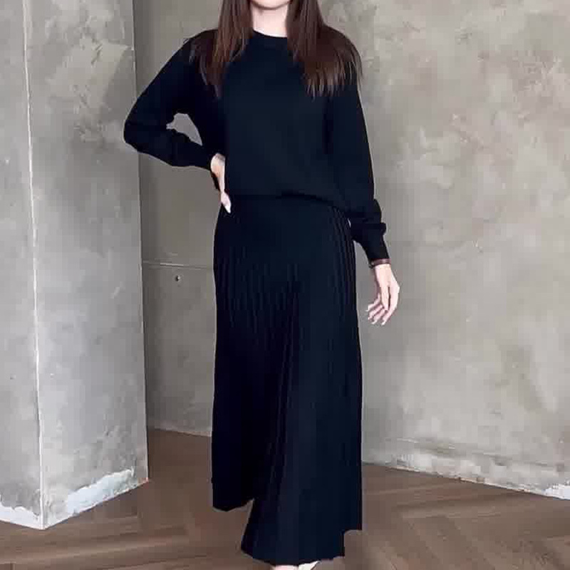 欧美亚马逊跨境外贸新款时尚通勤气质圆领纯色长袖压褶百褶裙套装|undefined