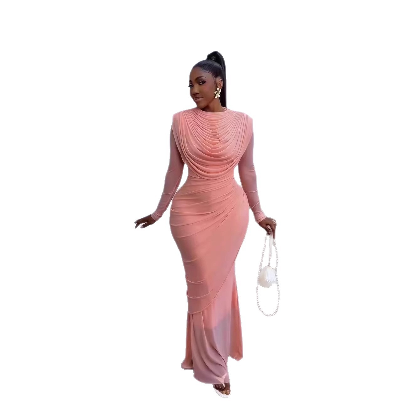 Elegant Mesh Draped Bodycon Midi Dress For Parties & Evening Events | Flattering High-Waist Design With Long Sleeves | Women's Fashion Cocktail Dress_ecoleips.com