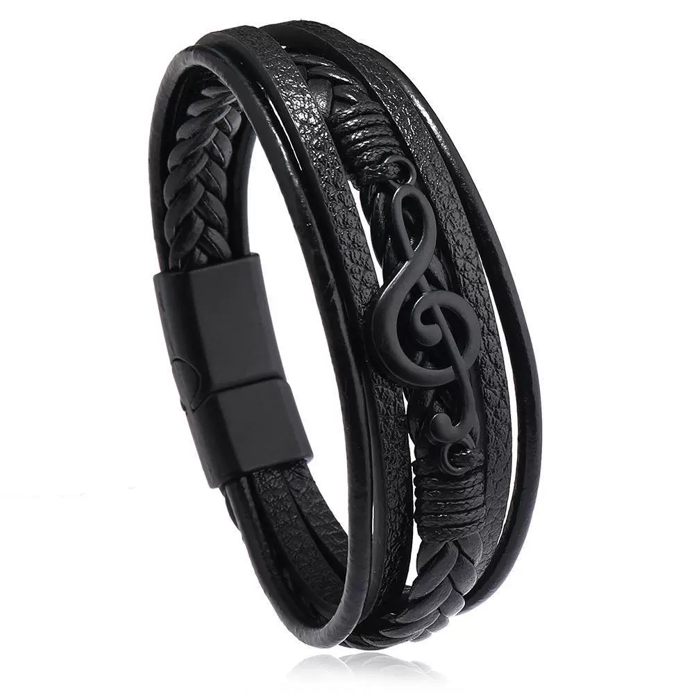 Men's PU Leather Bracelet RH360, Multi-Layer Beaded & Alloy Accents, 21.5 cm