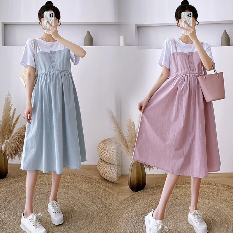 Maternity Dress Korean Style New Summer Thin Fake Two-piece Mid-length Skirt High Waist Abdomen Covering Belly Slimming suit