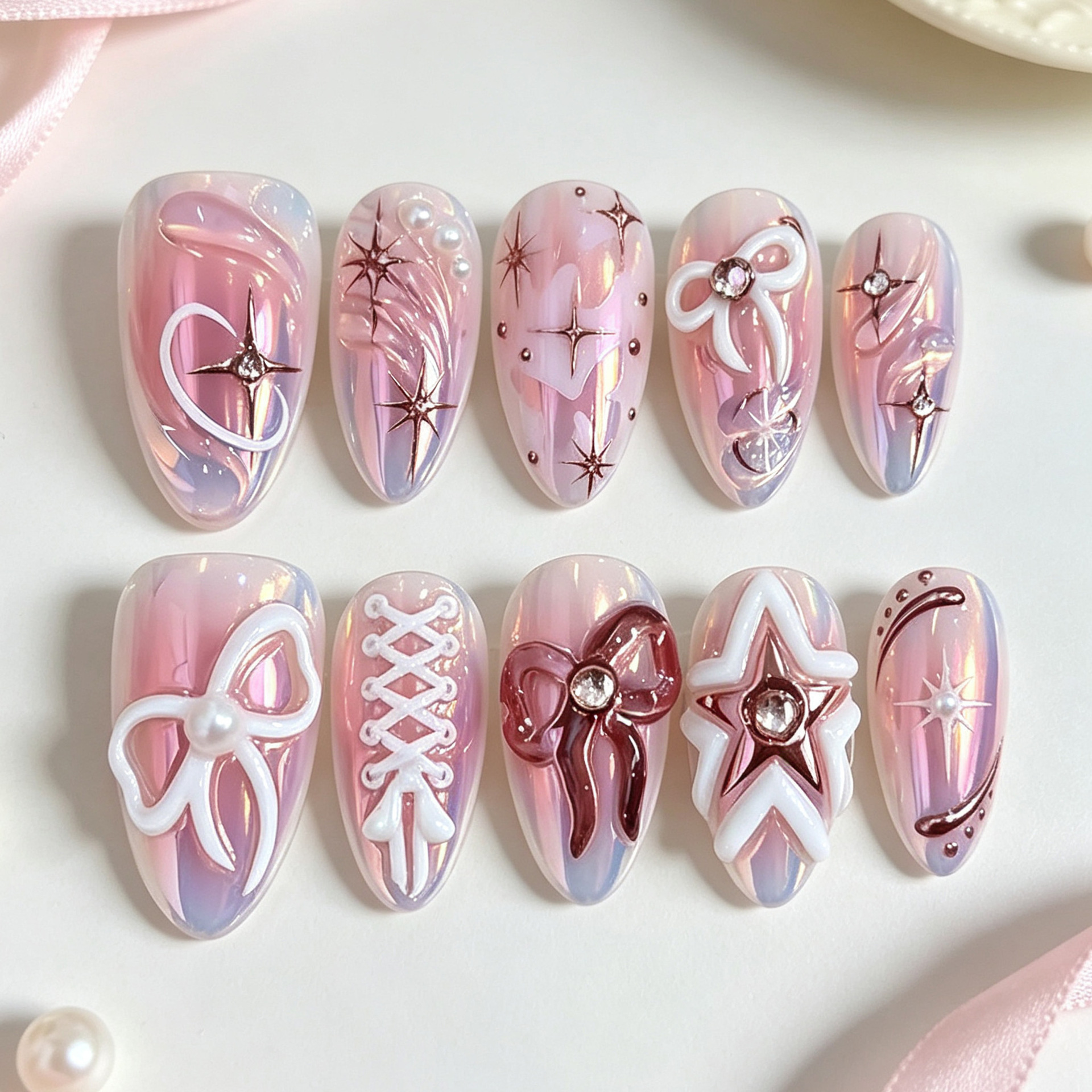Cross-border best-selling 3D bowknot almond-shaped press-on nails, sweet Y2K style with diamond-studded and gold-plated star nail art, wholesale
