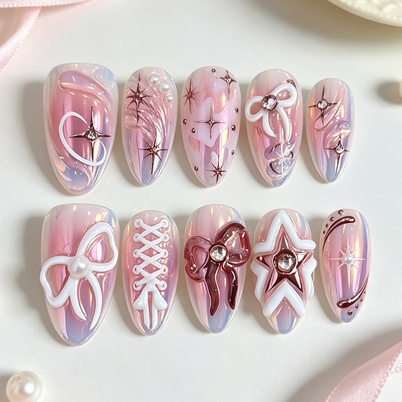 Cross-border best-selling 3D bowknot almond-shaped press-on nails, sweet Y2K style with diamond-studded and gold-plated star nail art, wholesale Cross-border best-selling 3D bowknot almond-shaped press-on nails, sweet Y2K style with diamond-studded and gold-plated star nail art, wholesale