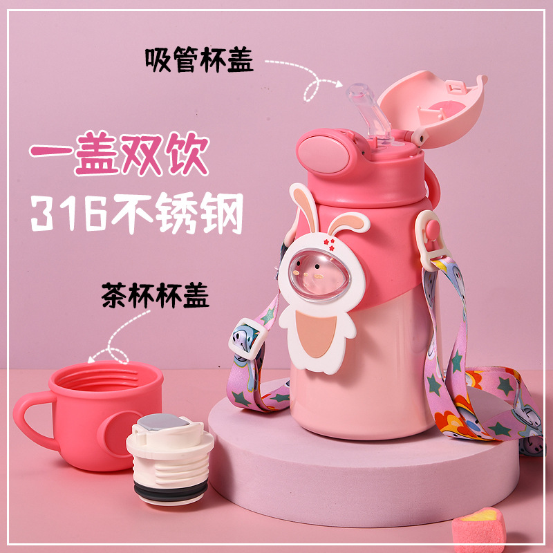 Taza de agua aislada para niños 316 acero inoxidable de calidad alimentaria gran vientre taza de paja nueva correa bebé escuela hervidor