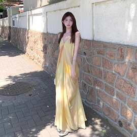 法式仙女气质海边度假长裙垂坠感黄色晕染印花v领吊带连衣裙女夏
