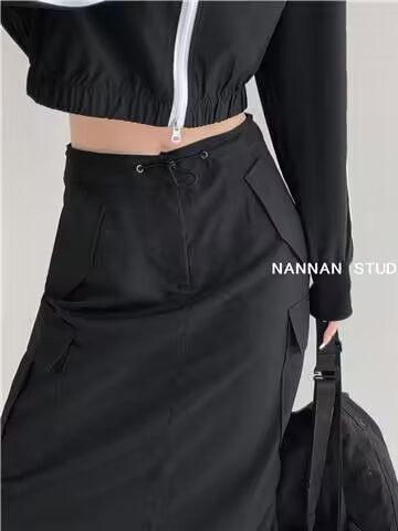 American-style black drawstring work pants for women, suitable for spring and summer, high-waisted, slimming A-line work-style straight long skirt