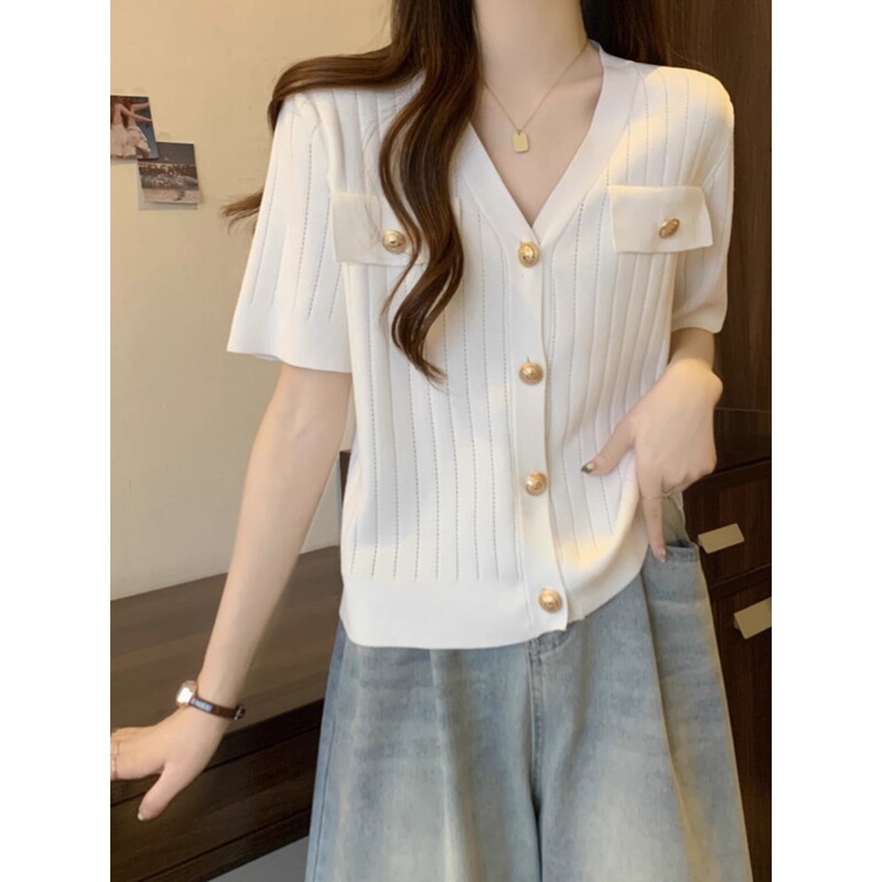 Thin Knitted Chanel Style V-Neck Short-Sleeved Women's Summer chubby girl French Loose Slimming Top plus size T-Shirt A3591