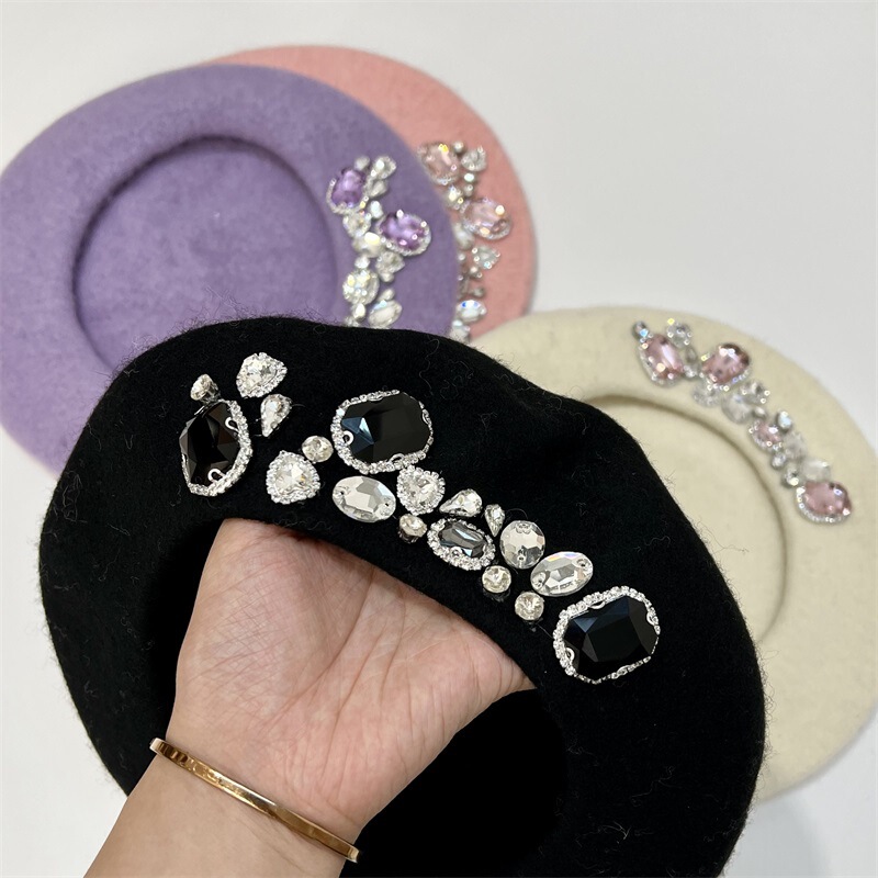 2022 New Diamond beret Korean fashion Joker wool hat Zhang Yuanying with rhinestone beret