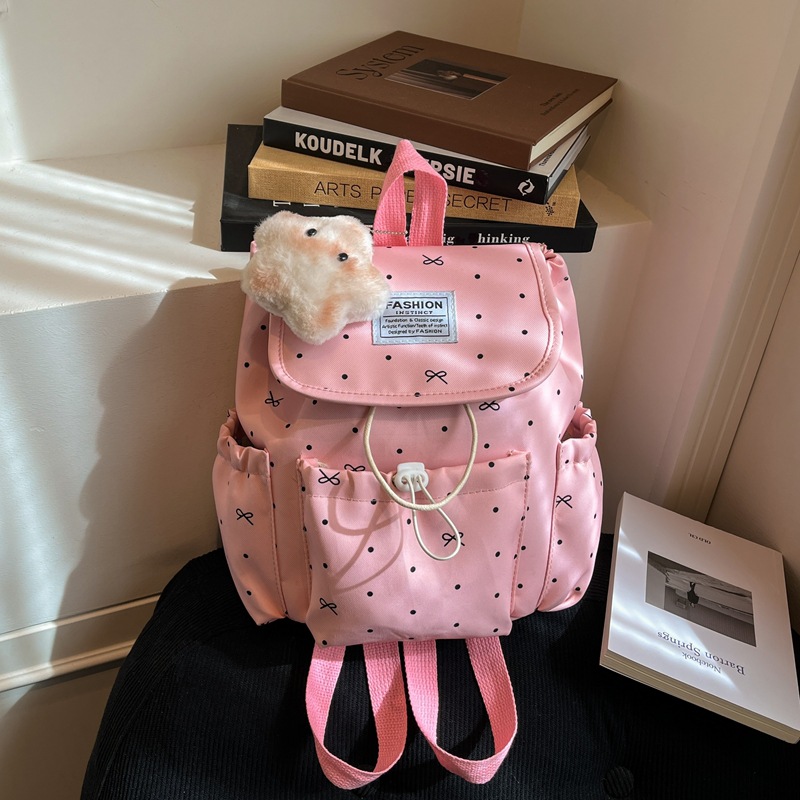 Mochila de la atmósfera pequeña onda punto arco de cuerda de dibujo simple mochila de viajes de viajes de viajes de la universidad pequeña mochila de mujeres