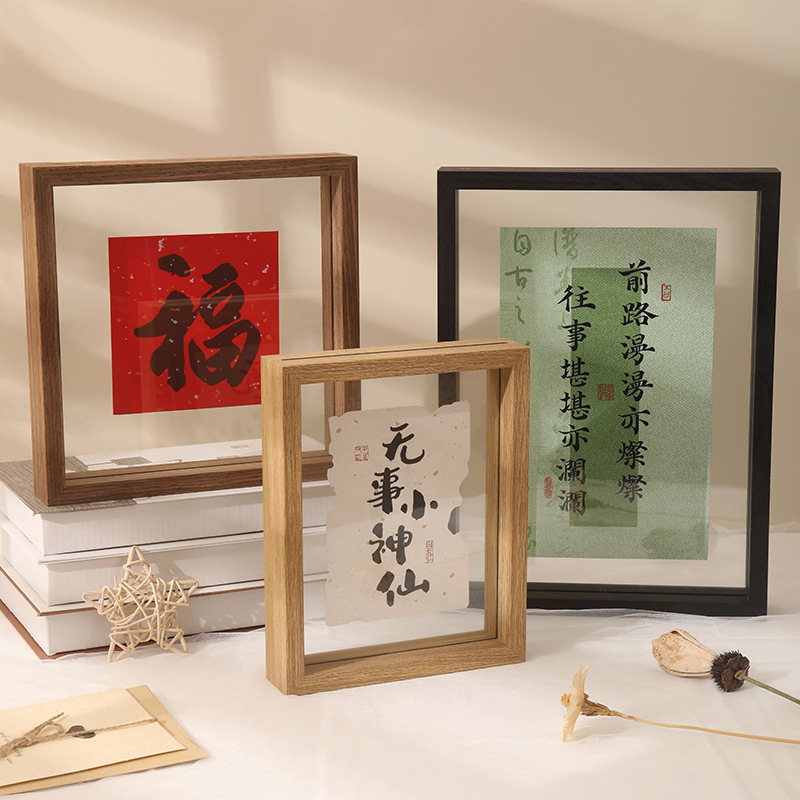 Double-sided glass photo frame table wholesale plant specimen frame square wooden photo frame pull-out leaf carving creative picture frame