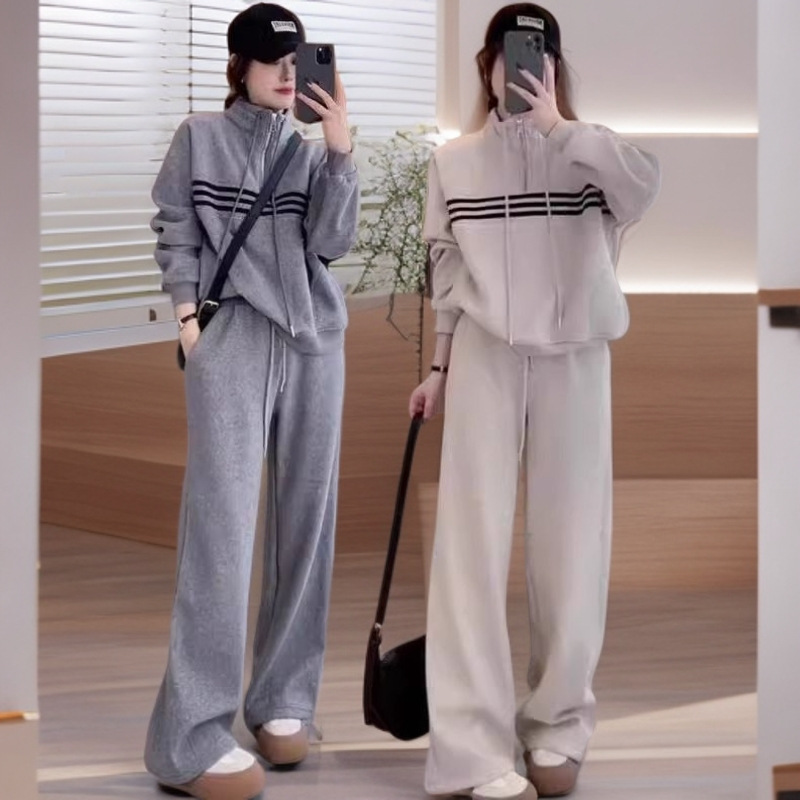 Cross-Border Plus Size Fashion Sweatshirt Sports Suit for Women Spring & Fall Fat mm Loose Slimming Look Wide-Leg Pants Casual Two-Piece Set
