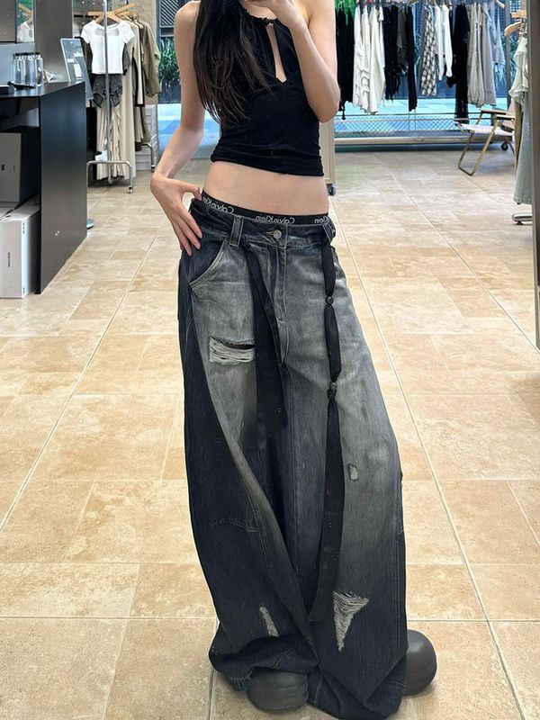 美式复古辣妹设计感做旧水洗牛仔裤子女2025夏破洞阔腿宽松拖地裤|undefined