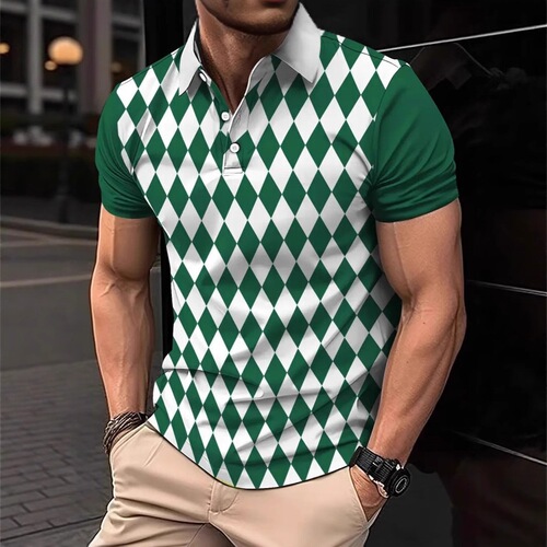 Summer new style striped short-sleeved men's blue loose casual 3D printed lapel polo shirt top