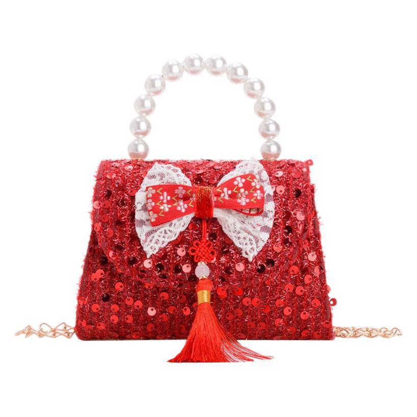 Perla bolsos de mano para niños, bolsos de niña, bolsos de niña dulce, bolsos de mano, bolsos de cambio de arco de Año Nuevo.