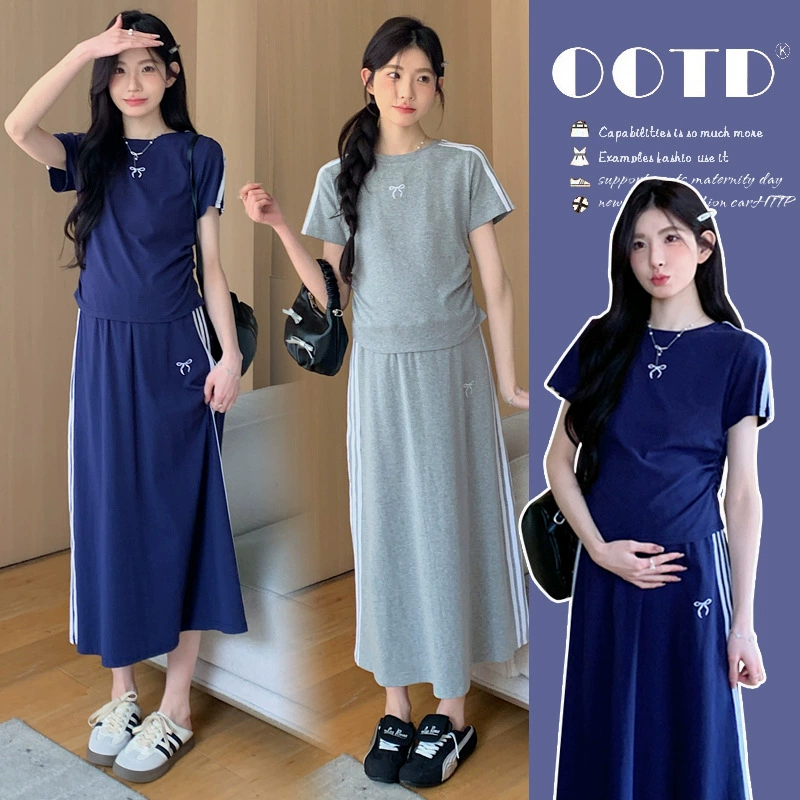 Костюм для беременных в ленивом стиле, летняя повседневная спортивная футболка с короткими рукавами + регулируемая юбка с пуговицами в виде свиного носа, летний комплект из двух предметов