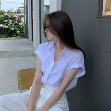 韩国chic夏季韩系极简复古休闲时尚设计感百搭卷袖设计衬衫上衣女