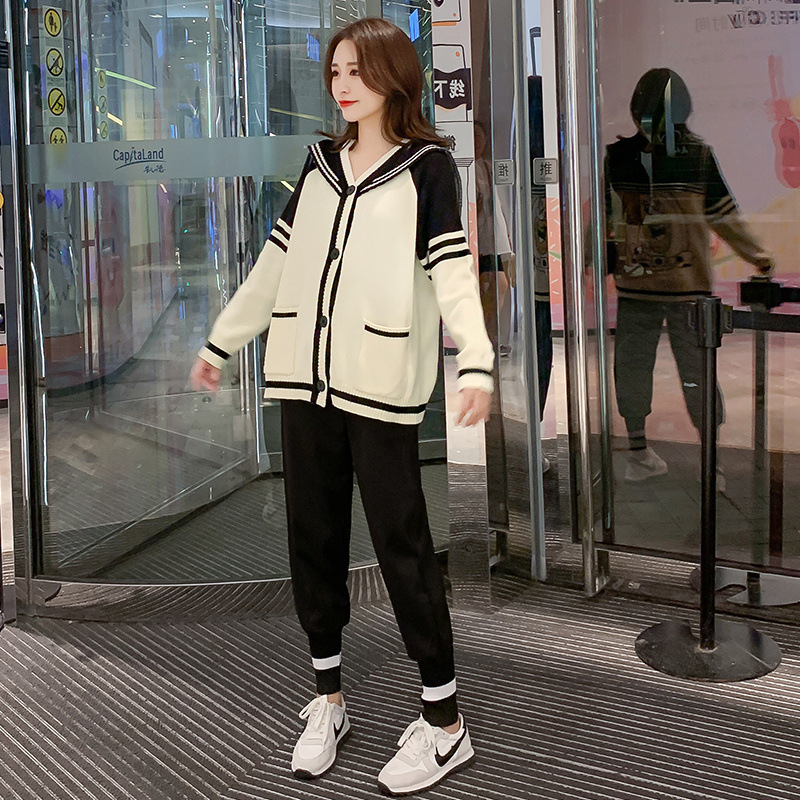 임산부 정장 가을 겨울 패션 스타일 외출 스웨터 카디건 재킷 루즈 대형 두꺼운 벨벳 바지 투피스 정장