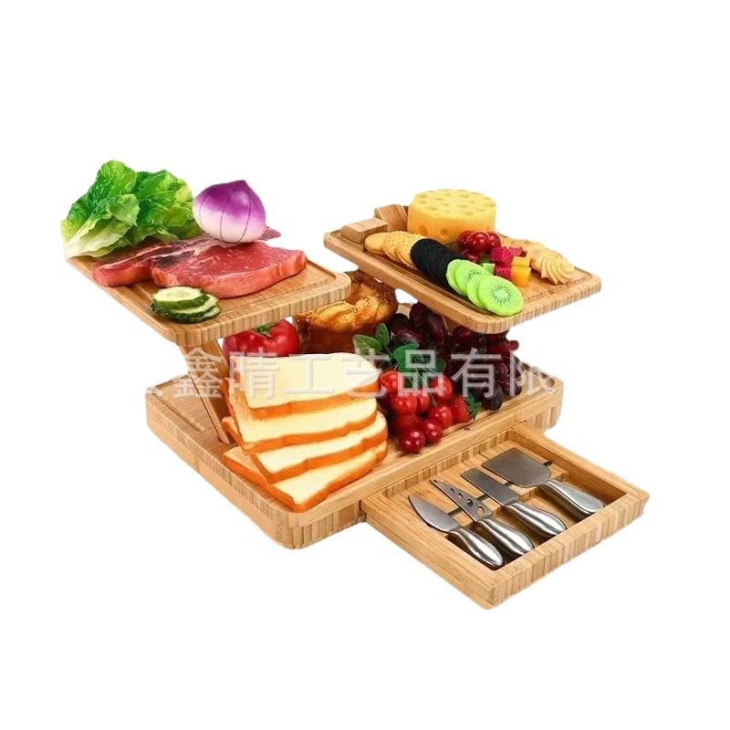 Bandeja de aperitivos de madera maciza tipo cajón Bandeja de servicio de madera plegable para el hogar Bandeja de bambú de múltiples capas creativa
