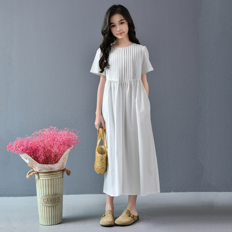 Vestido de niña, vestido de princesa, temperamento, estilo de vacaciones, falda larga, falda por encima de la rodilla de longitud media para mujer, blanco y negro