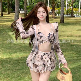 韩国ins风小众度假泳装女蝴蝶比基尼四件套性感纯欲小胸聚拢显瘦