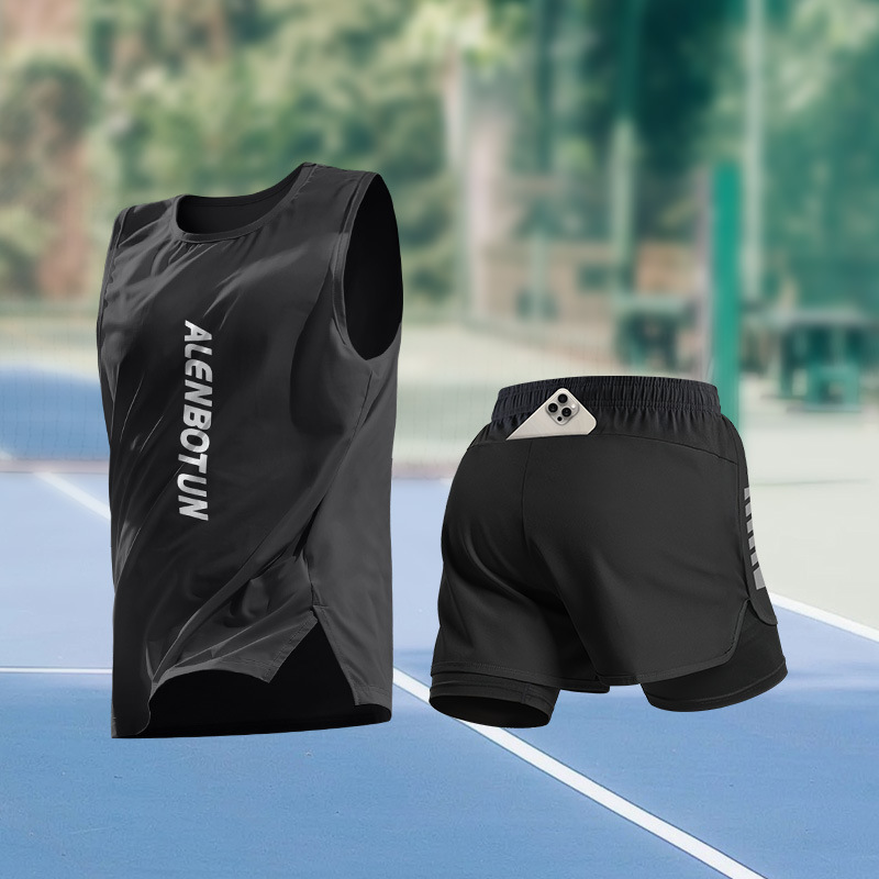 ランニングスポーツスーツメンズ夏の新しいマラソントレーニングフィットネス服プロの速乾性バスケットボールベストショーツ|undefined