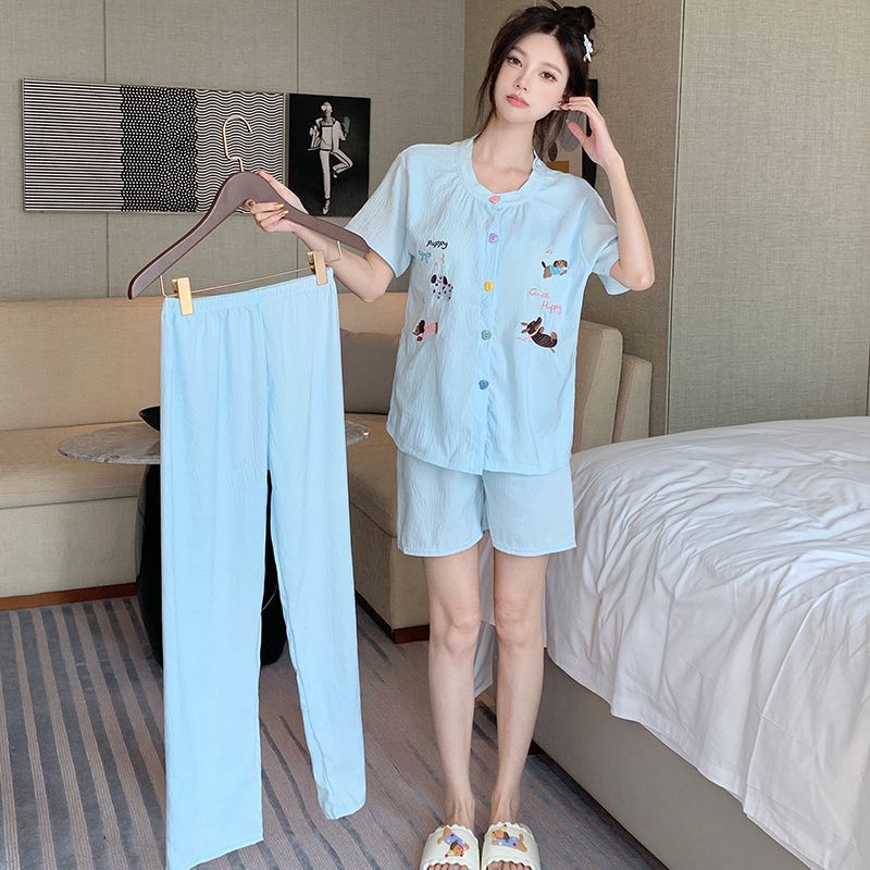 Pijamas de tres piezas al por mayor transfronterizos para mujer, pantalones cortos de manga corta de verano, cárdigan, traje de servicio a domicilio fresco de dibujos animados, algodón de nube
