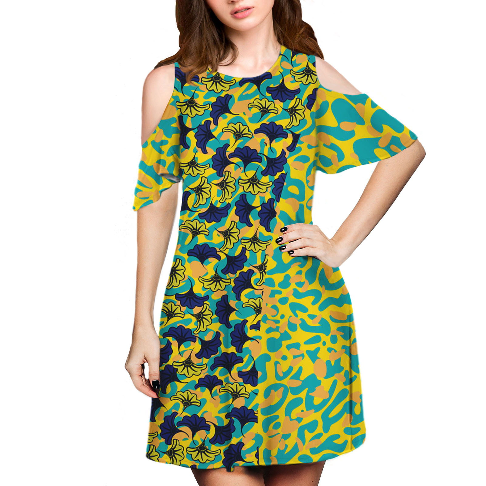 Short -sleeved dress new ginkgo leaf spot stitching stitching…