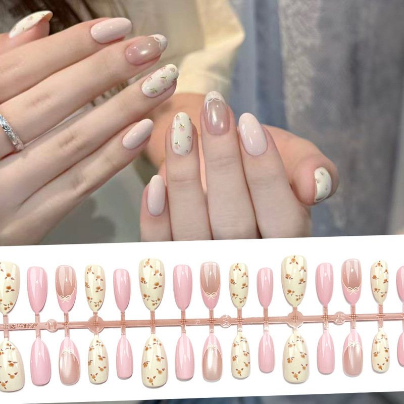 Tiktok Trending Short Almond-Shaped Floral Glass Bead Cat-Eye Press-On Nails Korean Style Fresh Pink and White French Manicure Nail Stickers Tiktok Trending Short Almond-Shaped Floral Glass Bead Cat-Eye Press-On Nails Korean Style Fresh Pink and White French Manicure Nail Stickers