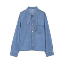 跨境外贸女装新款 欧美风时尚百搭领口蝴蝶结饰牛仔衬衫8197061