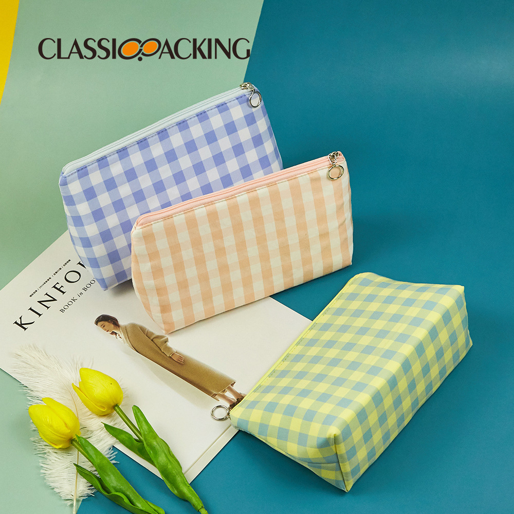 Versión coreana del bolso de mano simple, bolso de almacenamiento portátil con cremallera de gran capacidad, bolso de maquillaje de tela a cuadros multifuncional portátil para mujer